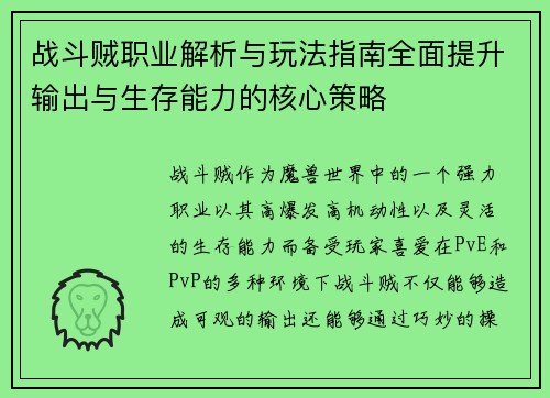 战斗贼职业解析与玩法指南全面提升输出与生存能力的核心策略